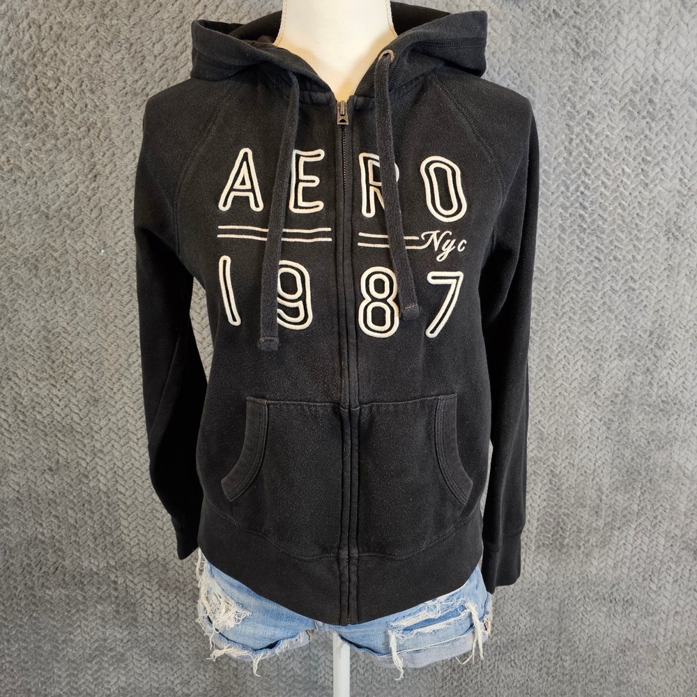 Aeropostale Womens Aero 1987 Graphic Full Zip Hoodie Black Fleece Sweatshirt M